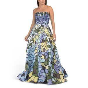 TERANI Blue Multi Strapless Mosaic Print Gown